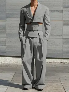 Men's Solid Cropped Waistband Design Suit & Wide Leg Pant Sets, Loose Casual Lapel Long Sleeve Blazer & Trousers for All Season, Fashion Men's Two Pieces Outfit for Daily Wear, Menswear, Clothes