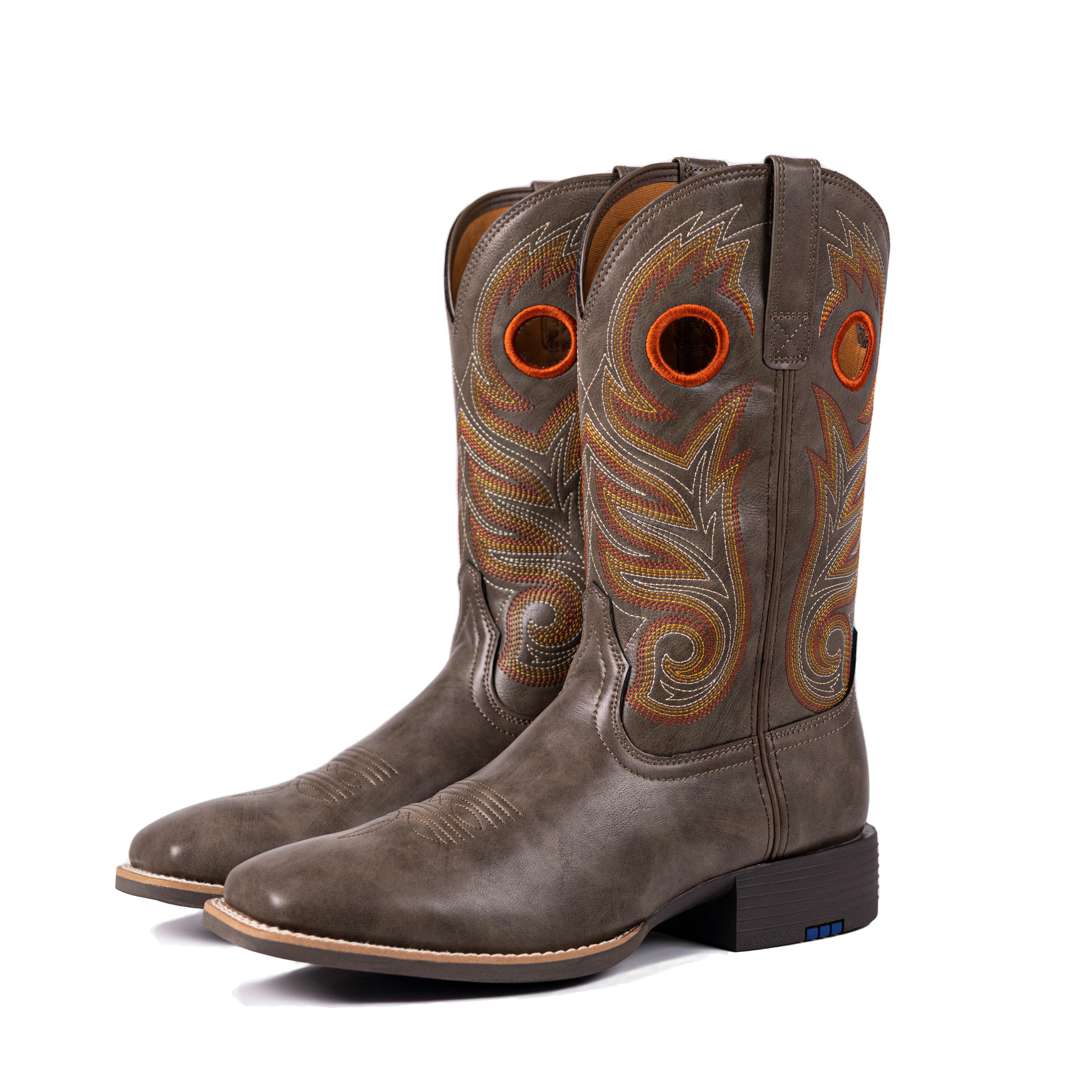 Palitutu Men's Western Cowboy Boots, Faux Leather Boots with Intricate Embroidery and Orange Accent Details, Classic Western Style with Comfortable Fit for Everyday Wear
