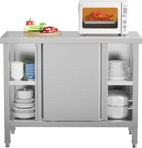 ROVSUN Stainless Steel Table with Cabinet 39 x 19 inches,NSF Commercial Heavy Duty Prep & Work Table with 2 Sliding Doors, Metal Table for Kitchen, Restaurant, Home, Hotel, Garage, Laundry