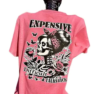 Womenswear Safety Pink Hi Viz  Casual T-Shirt with 'EXPENSIVE Difficult & Talks Back' Graphic Design and Floral Skeleton Print  Tshirt Top workwear