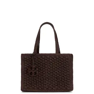 Tory Burch Ella Hand Crocheted Popcorn Stitch Small Tote Bag in Dark Cocoa
