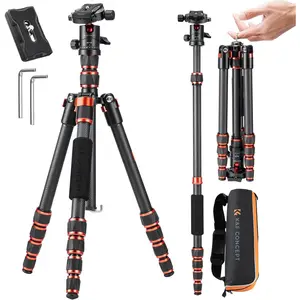 K&F Concept 60in Carbon Fibre Camera Tripod - Lightweight, Compact Fold Portable Tripod with 360-Degree Ball Head, Quick Release Plate, Lock, Metal Detachable Monopod, 17lb Load Capacity, Arca Swiss Resistance Accessories for SLR DSLR (C225C0 BA225)