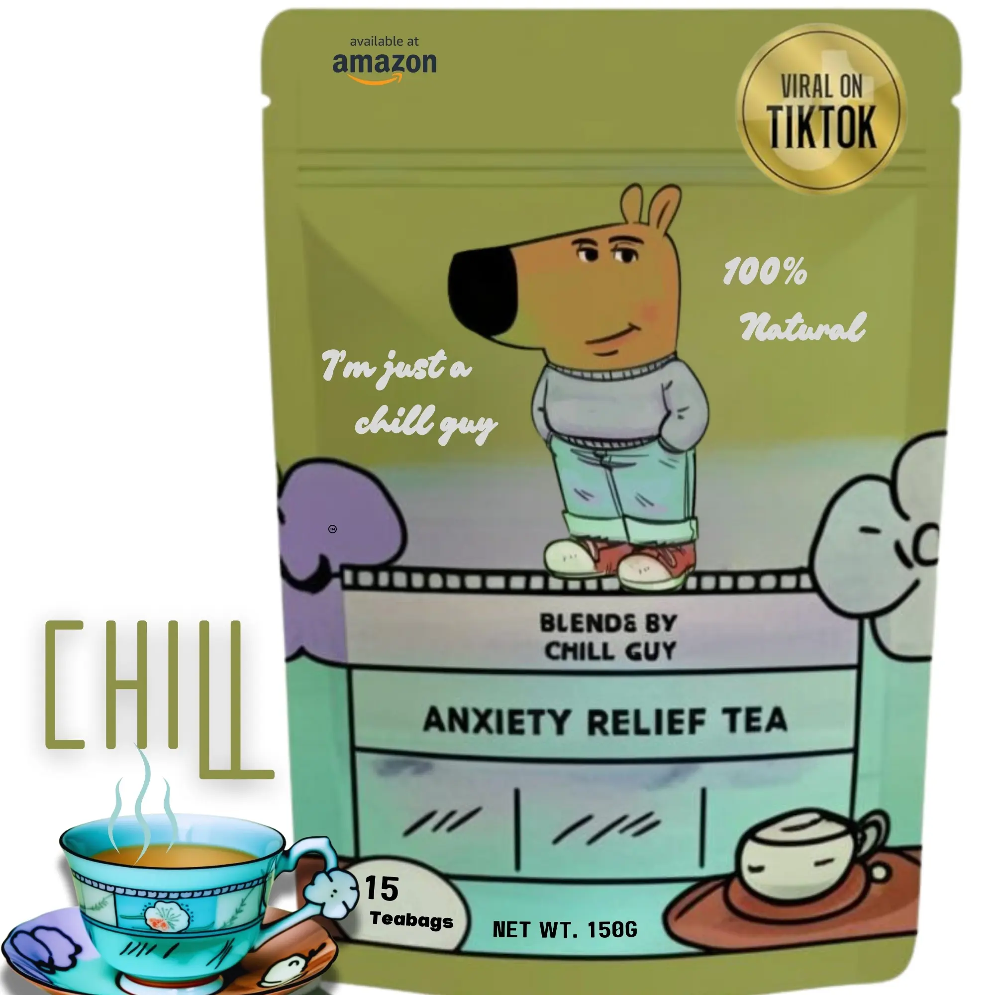 Chill Guy Anxiety Relief Tea – Natural Calming Herbal Blend | Stress, Focus & Relaxation Support | Organic Ingredients | 15 Tea Bags