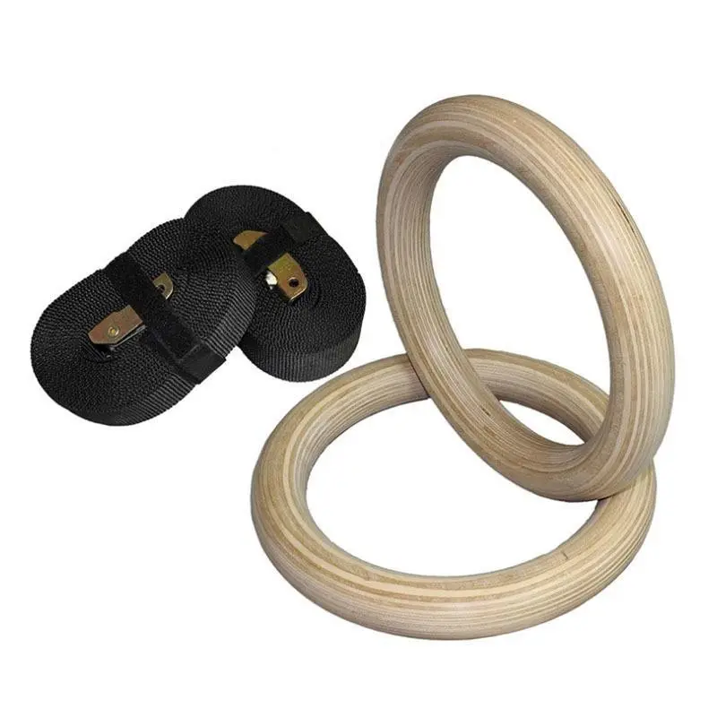 Indoor Gym Fitness Rings Set, Wooden Pull-Up Bar with Fabric Straps, Home Use Exercise Equipment, Gymnastics Equipment, Durable Wood Material, Gymnastic Rings