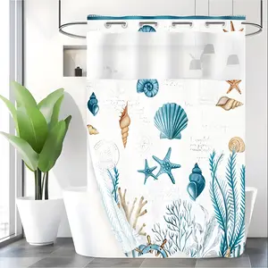 LVRLVR 1pc Coastal Nautical Shower Curtain with Seashell and Starfish, Sheer Top Window, Detachable Liner & No Hook C-Ring, 70.8" x 74"