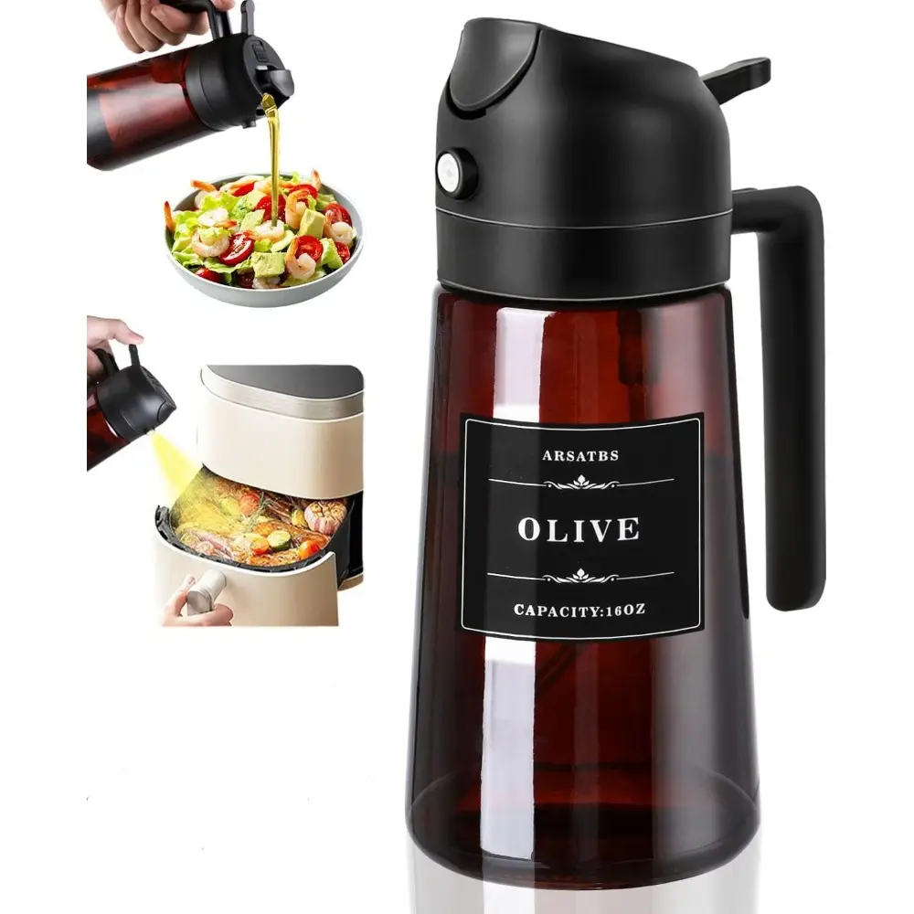 2-in-1 Glass Oil Dispenser & Sprayer - 16oz/470ml Leakproof Olive Oil Sprayer Bottle, Cooking Oil Container, for Cooking, Air Fryer, BBQ, Baking, Salad, Kitchen Oil Dispenser, Kitchen Gadgets