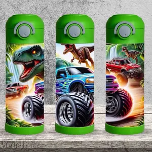 Monster Truck and Dinosaurs 12 oz kid Tumbler - BPA Free, stainless steel, Leak proof, durable, with clear lid