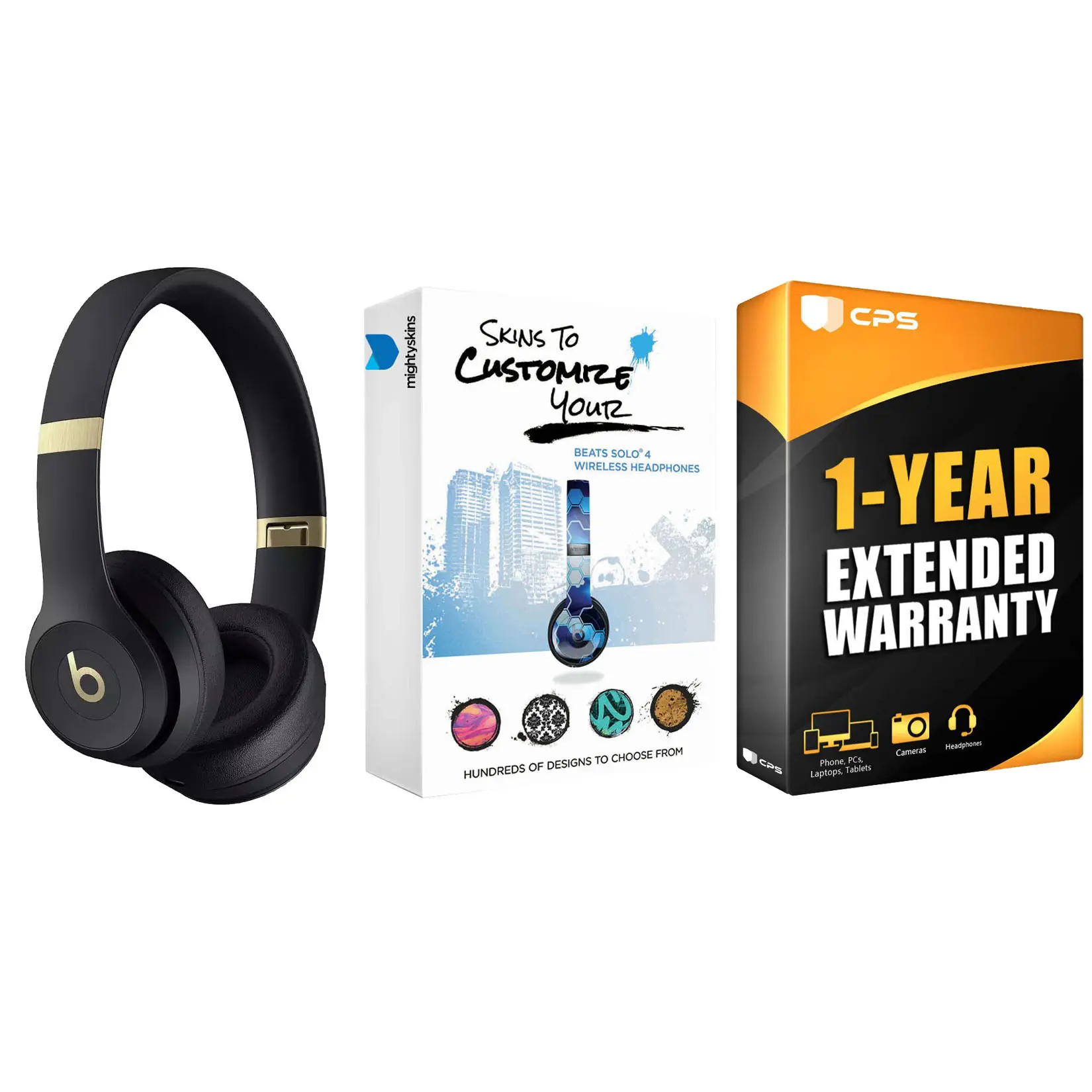 Beats Solo 4 Bluetooth Wireless On-Ear Headphones with MightySkins Protective Skins and 1 Year Extended Warranty Bundle - Black/Gold