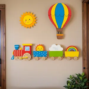 Wooden Self-Adhesive Wall Decals - Kids' Cartoon Train, Hot Air Balloon, Sun & Rainbow Wall Decor Brimming with Childlike Joy Decorative Stickers