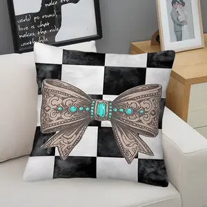 Ornate Western-Style Bow Tie Throw Pillow with Digital Print, 45cm Square with Inner Cushion, Featuring Intricate Engravings, Turquoise Accents & Checkered Watercolor Background Pattern, Stylish & Unique Home Decor for Sofas & Bedrooms