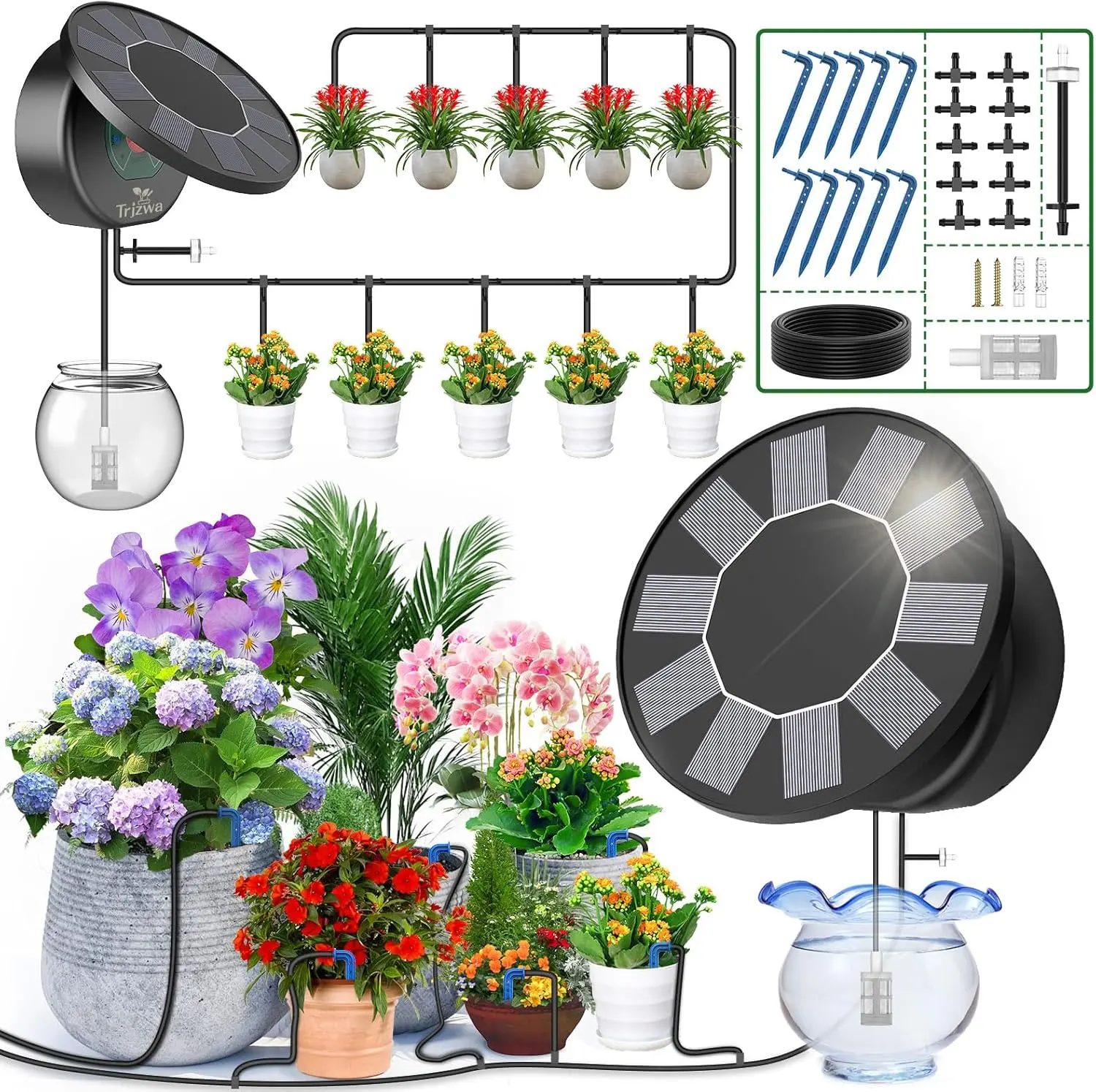Solar Drip Irrigation System Kit - Automatic Irrigation Equipment with Timer Control, Solar Panels, Adjustable Watering, Emitters, 1 Anti-Siphon Safety Device, 10 Tee Connectors for Outdoor/Indoor Garden Beds, Greenhouses