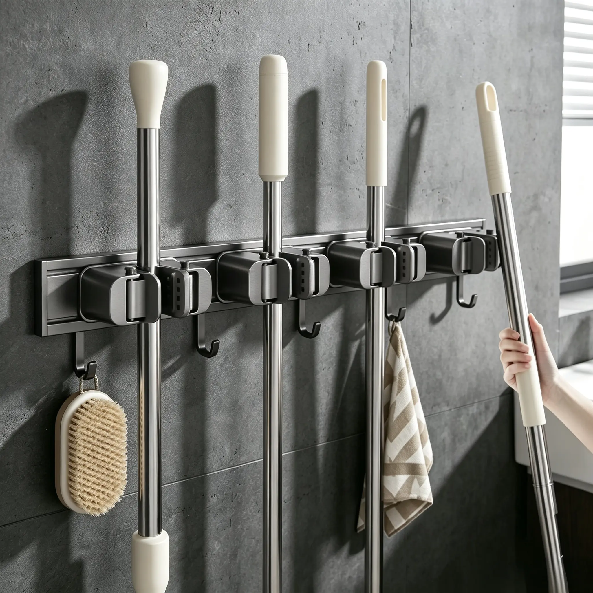 Heavy Duty Wall-Mount Mop Holder - Adhesive Mount Home Organizer with 5 Anti-Slip Clips, Hooks, Sleek Gunmetal Finish, Anti-Slip Grip for Cleaning Storage, Renters Ideal Utility Rack