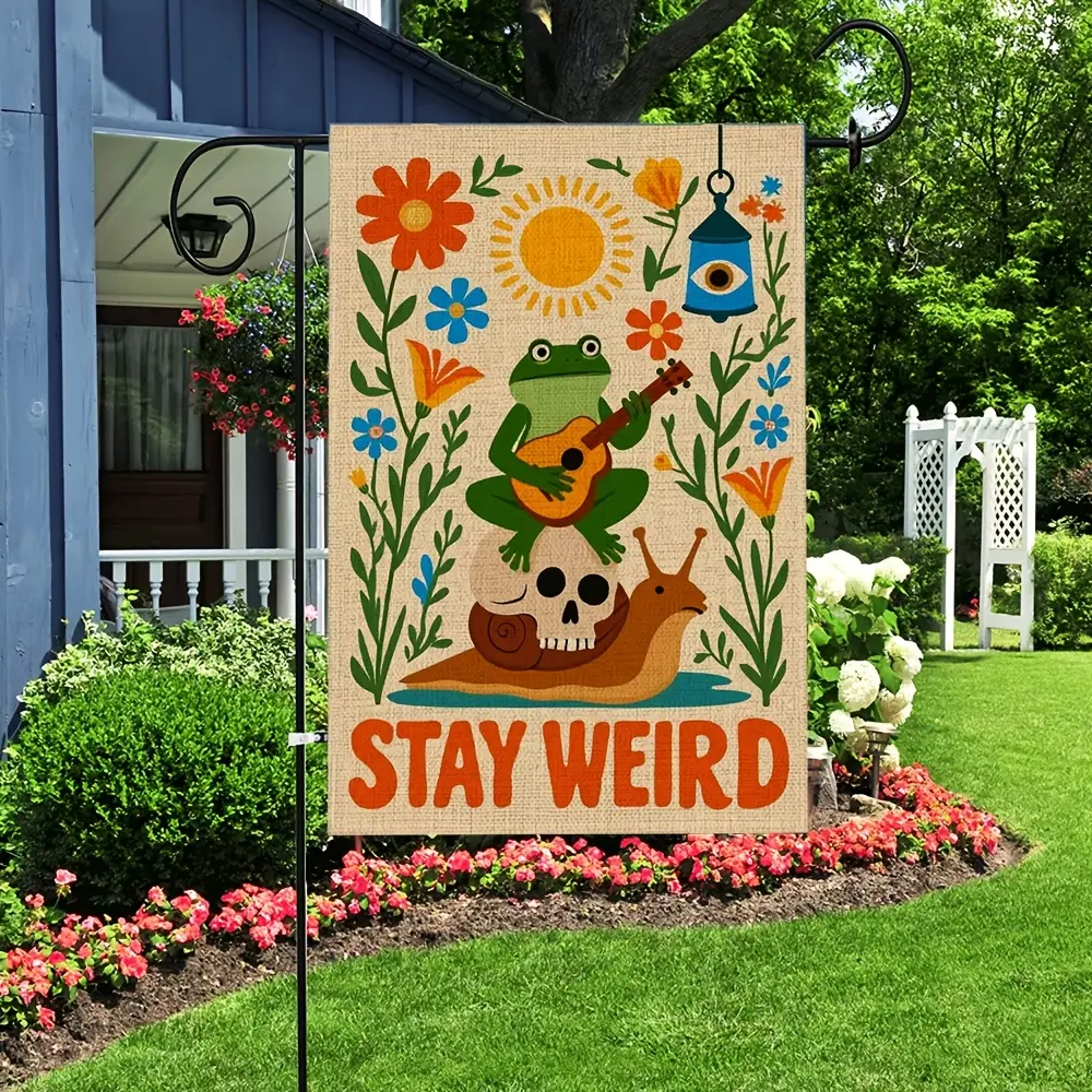 12x18 in Whimsical Retro Boho Double-Sided Garden Flag - Stay Weird Frog Guitar & Snail Skull Floral Decor, Outdoor Garden Accessories, Outside Home Backdrop Banner, Garden Flags For Outside