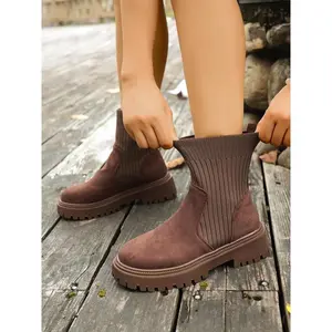 Women's Fall Boots, Chelsea Boots, Fashion Nude Booties, Thick Sole Short Boots, Elastic Wearable Boots, Copper Brown