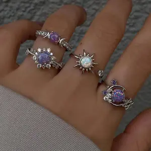 Women's Sun & Moon Gemstone Ring Set Trendy Geometric Stackable Design Sparkling Crystal Detail Minimalist Light Luxury Jewelry For Daily Wear Dates Parties And Gift Giving