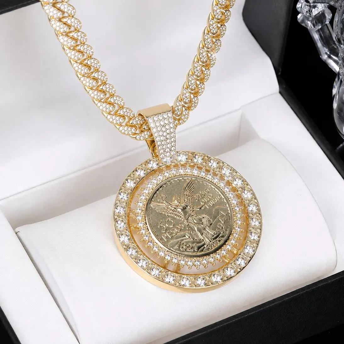 Spinning Coin Centenario 14K Gold Plated Iced 50 Pesos Coin Rotating CZ Stones for Men Women Hip Hop Jewelry