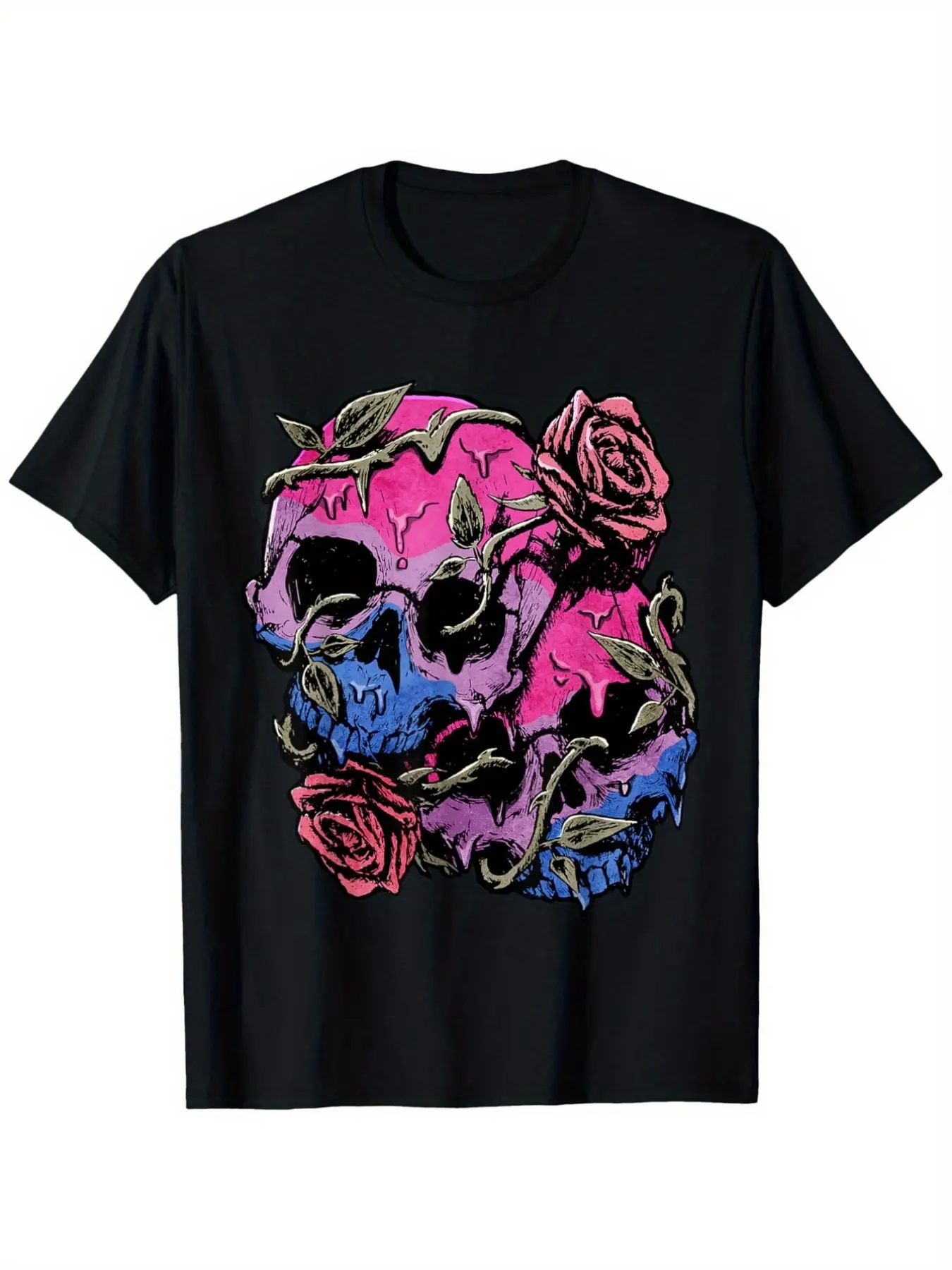 Bisexual Bi Pride Flag Gothic Skull T-Shirt - , 180g, Round Neck, Black, S-XXXL - Anti-Discrimination, LGBTQ, Feminism, Cultural Statement, Casual Wear for Men, Crew Neck Shirt for Men & Women, Soft Everyday Casual Wear & Themed Events T-Shirt