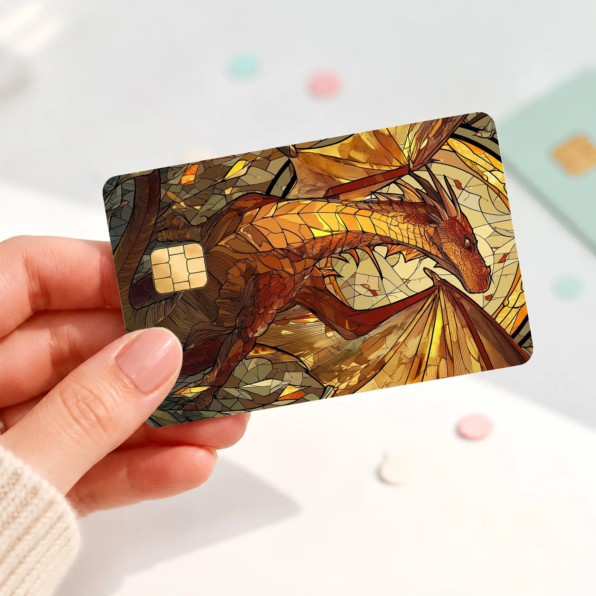 Stained Glass Dragon Credit Card Skin, Orange Fantasy Dragon Debit Card Sticker, Medieval Fire Dragon Bank Card Cover, Mythical Creature Chip Card Decal, Dragon Lover Gift