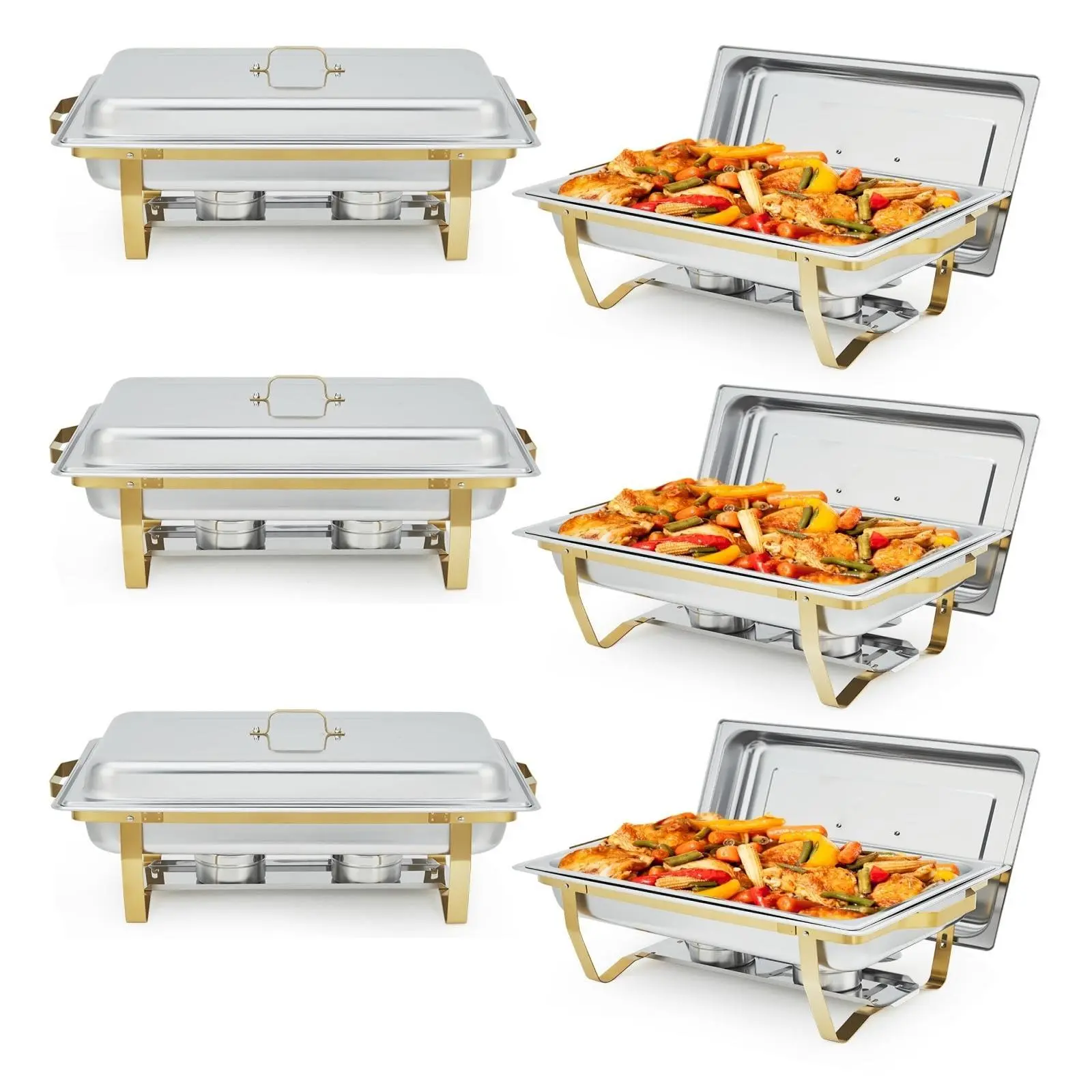 Gaomon 8QT Rust-Resist Stainless Steel Chafer Food Warmer Set (6-Piece) - Sturdy Stackable Rectangular Mirror Finish, Lid, Foldable Frame, Tray, Pans, Dish, Heavy Base for Catering Supplies, Weddings, Banquets, Gold Dessert Serving