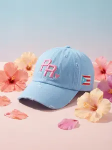 Summer Dad Hat Sky Blue 3D Embroidery Puerto Rico Heart Adjustable Buckle Distressed Details Comfortable Soft Spring Collection