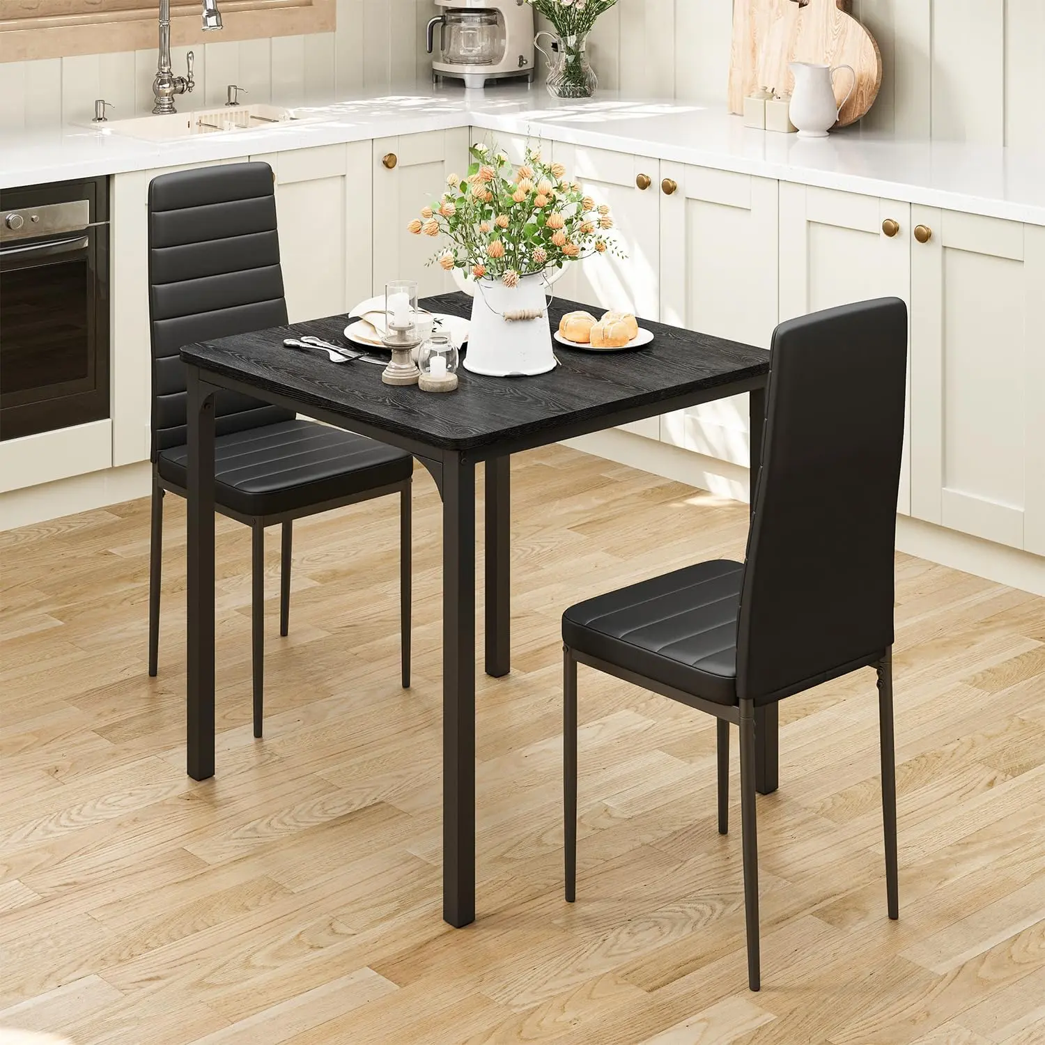 Gizoon Kitchen Table for 2, Table and Chairs Set of 2, 3 Piece Dinner Table Set with 2 Upholstered PU Leather Chairs for Dining Room, Living Room, Apartment, Small Space, Black