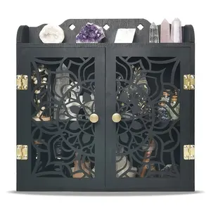 FNYDOX Crystal Display Shelf, Spacious Crystal Case for Stones, Carved Sun And Crescent Shelf, Trinket Shelf for Nail Polish, Crystal Holder for Essential Oils, Rock Cabinet, Gemstone Organizer, Utility Racks Hollow Wooden