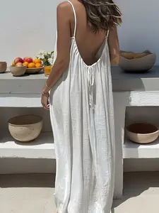 Women's Backless Cami Maxi Dress Spaghetti Strap Sleeveless Long Sundress, Piece Solid Color Loose Flowy Loungewear Sleepwear Dress for Summer Beach Vacation Womenswear