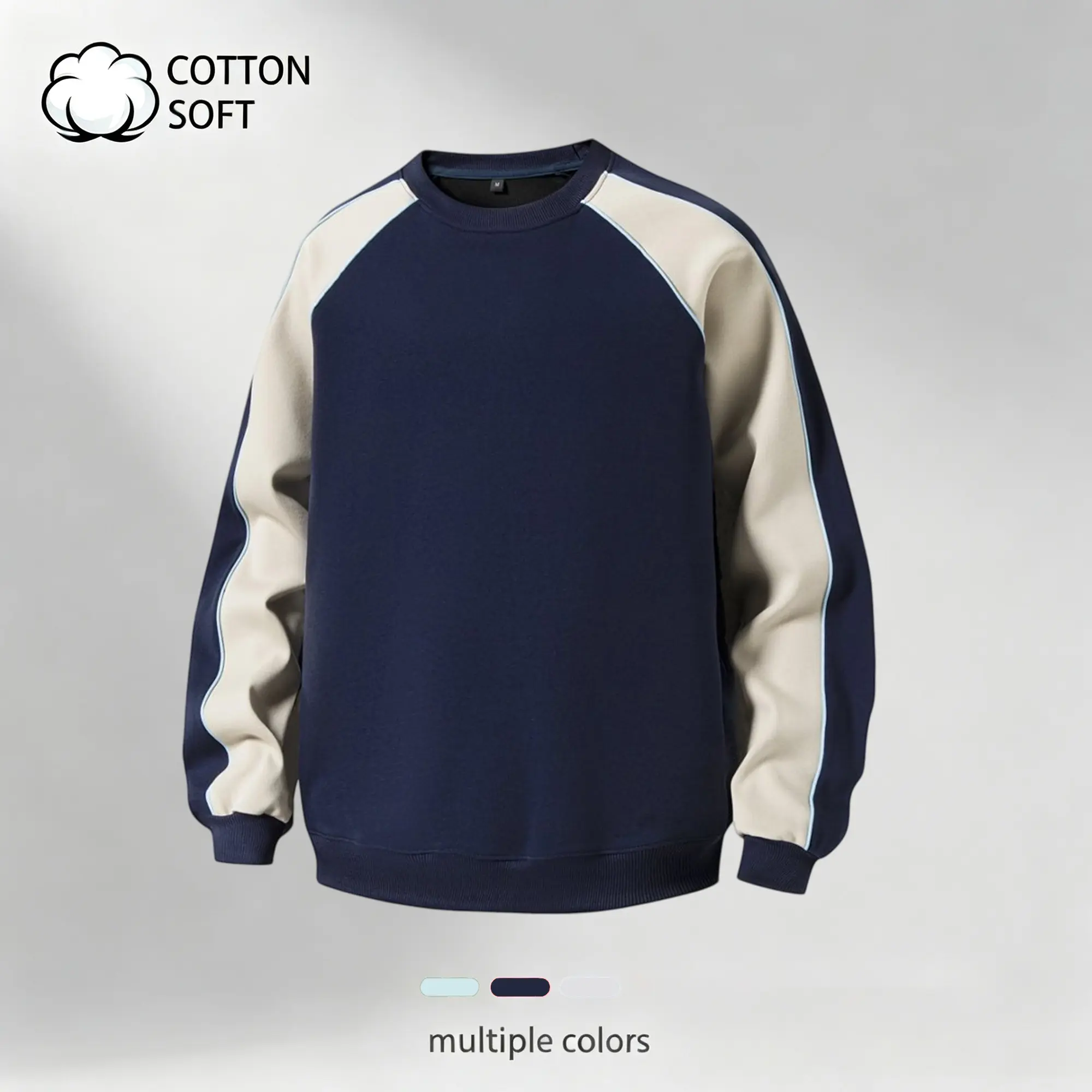 American-style color-block raglan sleeve crewneck sweatshirt, heavyweight cotton, loose relaxed fit, men’s everyday basic pullover