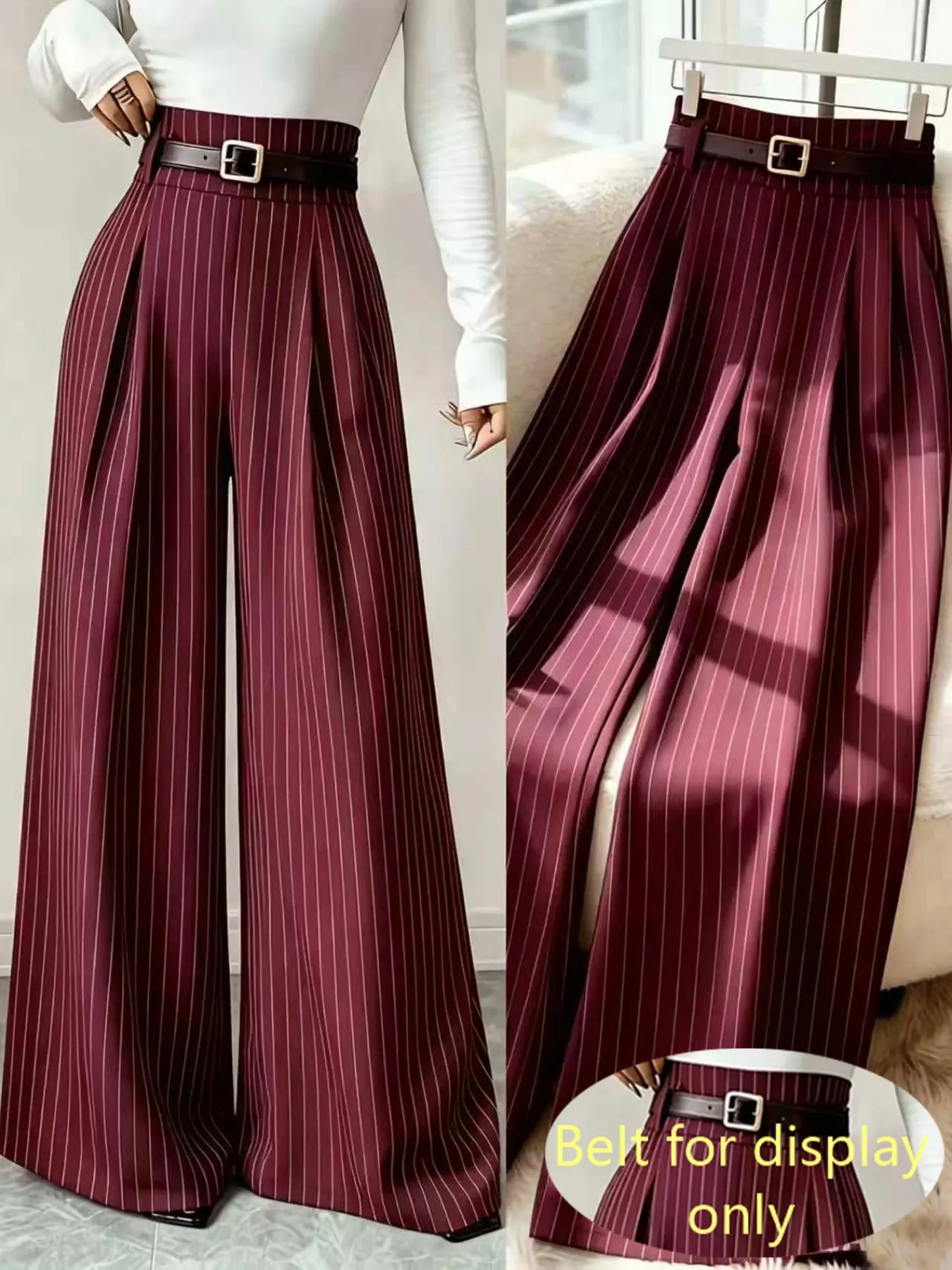 Elegant Wine Striped Suit Pants for Women, Long High Waist Loose Pants Without Belt, Stylish Chic Office Wear, Comfortable Daily Bottoms