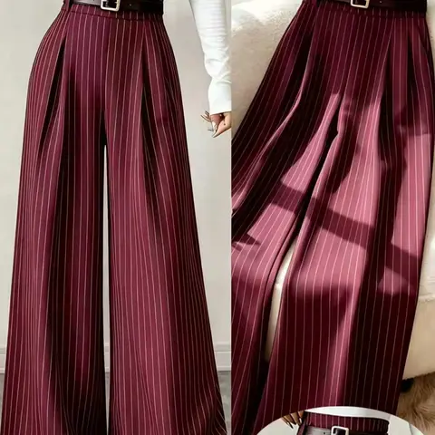 Elegant Wine Striped High Waist Suit Pants for Women, Long Loose Baggy Bottoms Without Belt, Stylish Chic for Office and Daily Wear Balloon Pant