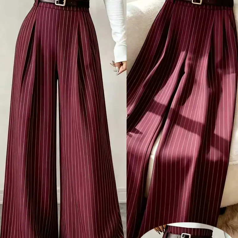Elegant Wine Striped High Waist Suit Pants for Women, Long Loose Baggy Bottoms Without Belt, Stylish Chic for Office and Daily Wear Balloon Pant