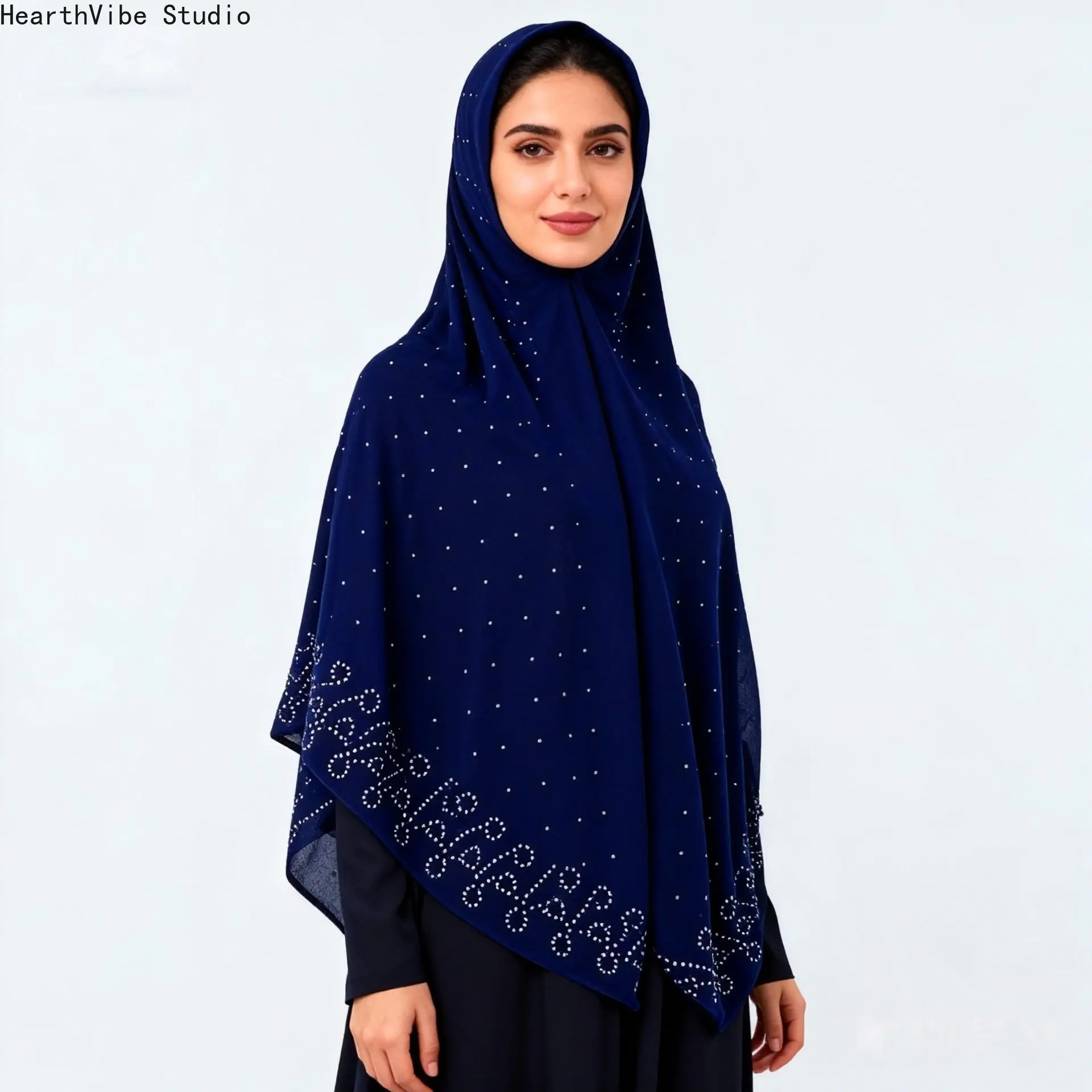 Women's Navy Blue Luxury Hijab, Elegant Chiffon Shawl with Sparkling Starry Sky Rhinestones and Embroidery for Weddings & Eid, Wedding, Formal, Muslim, Modesty Hijab, Women's Clothes, Embroidered, Chiffon Fabric, Elegant Shawl
