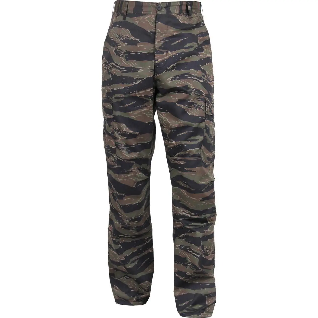 Men's Tiger Stripe Camouflage Military BDU Cargo Pants - Polyester-Cotton Pleated Fabric, Functional Pocket Fatigue Bottoms, Menswear, Button Fly, Adjustable Waist, Double Seams, Casual Outdoor Men's Pants, Double Reinforced Seat & Knees, Military Look