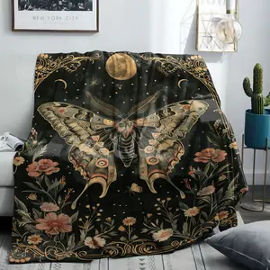 Celestial Moon Moth with Florals Print Flannel Blanket - Soft and Comfortable Throw for Bed, Sofa, Office, or Camping