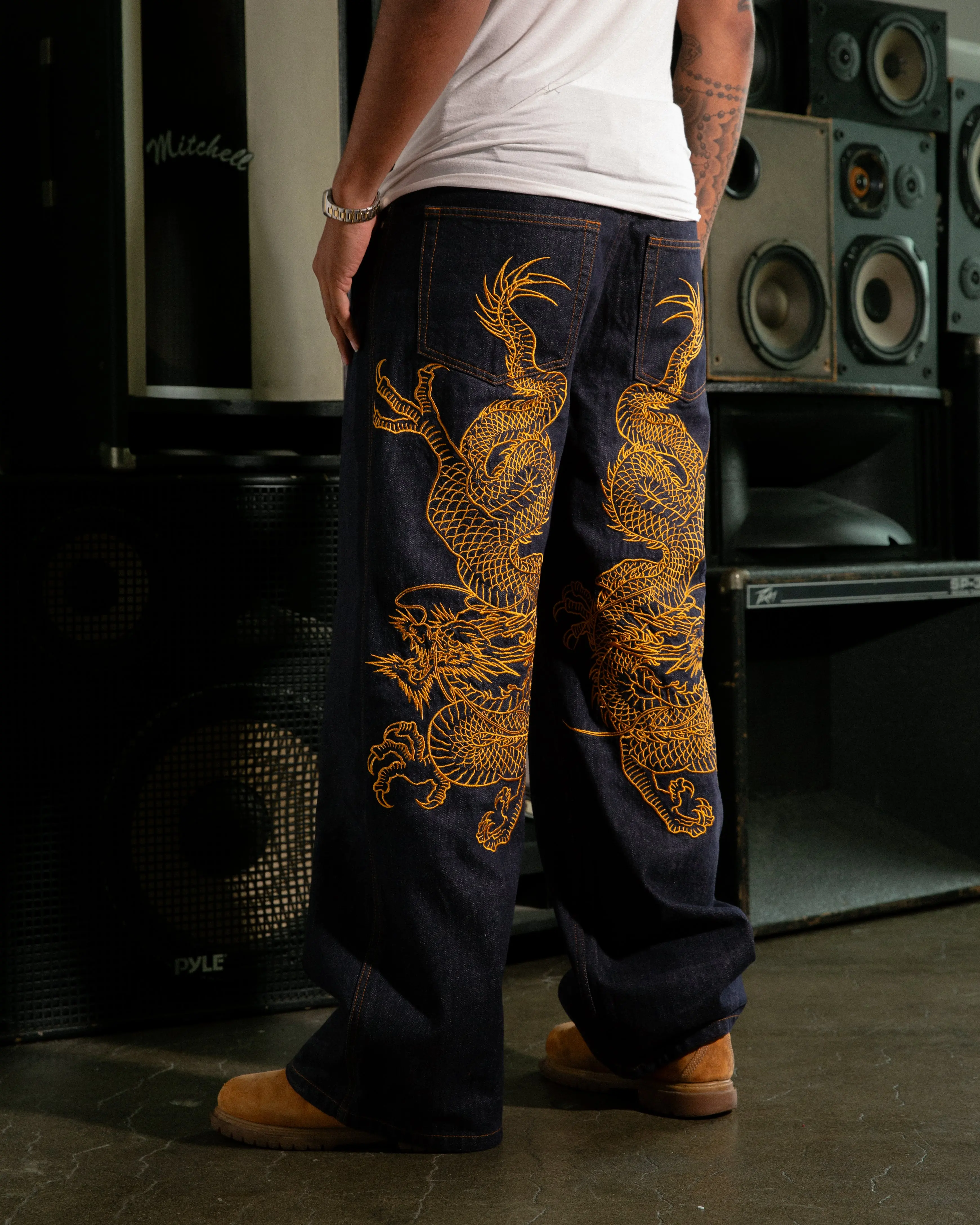 Menswear Indigo Denim Jeans with Dragon Outline Embroidery, Men's Stylish Bottoms