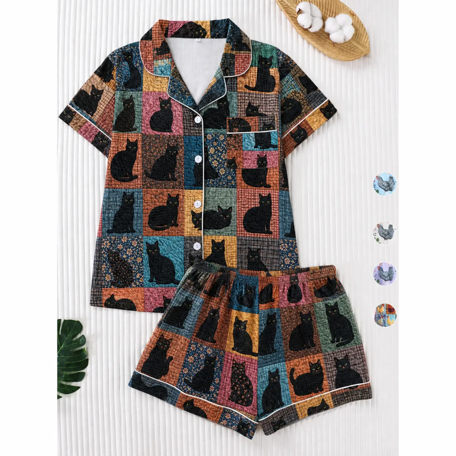 Women's Black Cat Print Pyjama Set, Short Sleeve Shirt and Shorts Sleepwear Loungewear