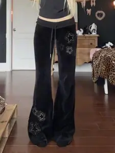 Women's Star Pattern Rhinestones Velvet Pants, Y2k Style Drawstring Waist Bell Bottom Trousers for Daily Wear, Ladies Bottoms for All Seasons, Casual Streetwear Pants, Casual Chic Trousers