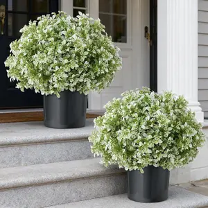 2 Piece Artificial Wintergreen Ball Planters, Realistic Smilax Bush with Pot, Fake Eucalyptus Leaves, Porch Farmhouse Outdoor Decor, Artificial Potted Flower, Outdoor Fake Flowers, Faux Potted Plant