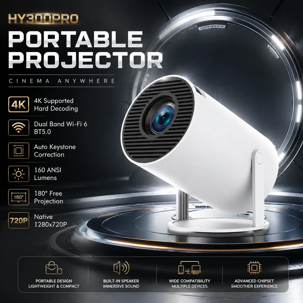 【BackToSchool】Mini Smart Projector 4K Supported, Portable 200 ANSI Home Theater Projector with Auto Keystone, WiFi 5G/2.4G & Bluetooth 5.0,for Valentine’s Day Gift Android Audio Cable Connection, Speaker, Remote Control