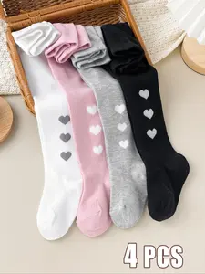 4-Pack Casual Heart Pattern Jumpsuits for Girls, Spring & Fall Wear, Daily Fashion, Comfortable and Stylish, Soft Comfy Socks, Breathable Soft Socks