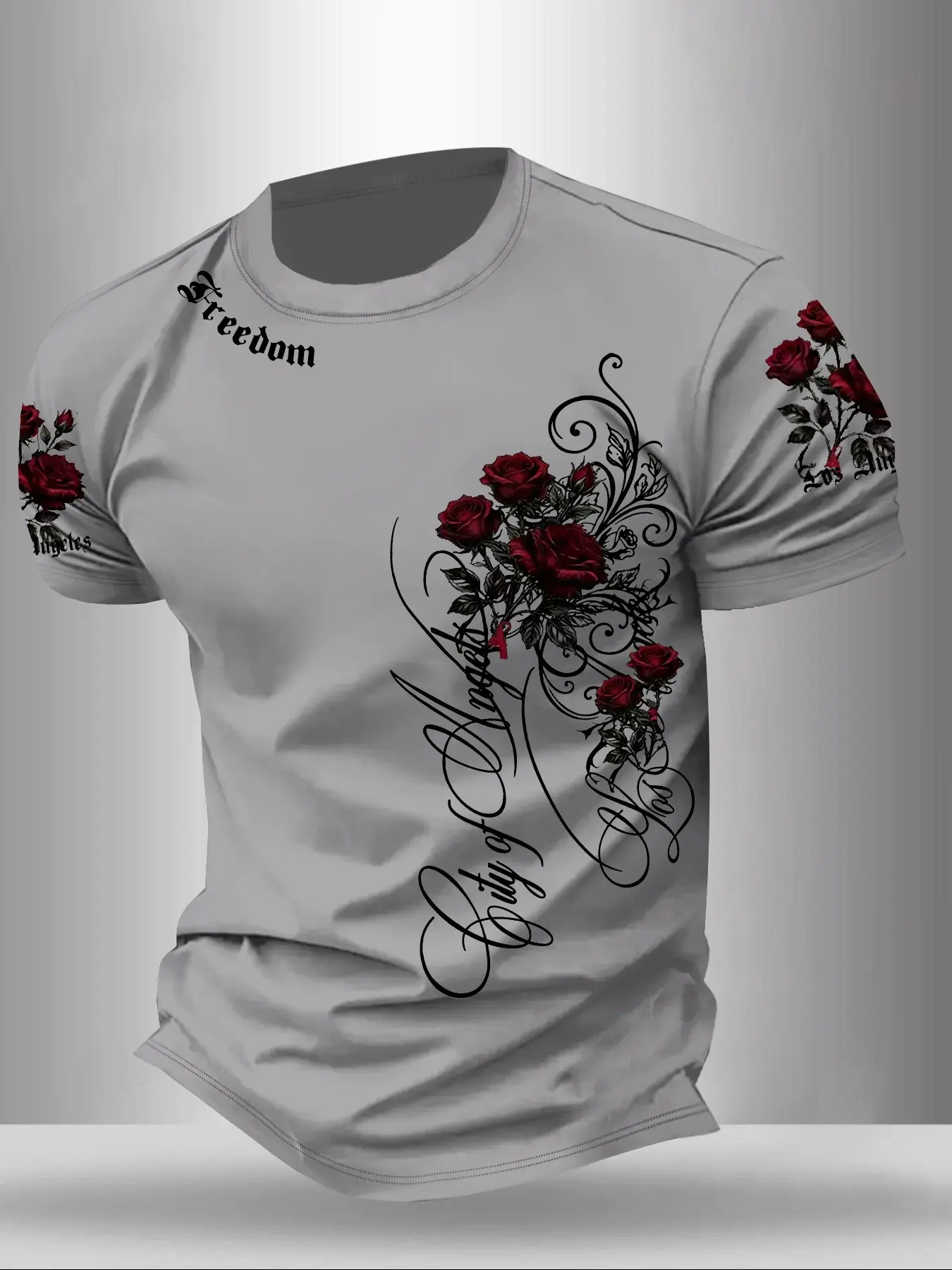 Men's City of Angels Freedom Rose Print T-Shirt, Gothic Floral Print Casual Round Neck Top, Retro Vintage Street Style Short Sleeve, Classic Streetwear Menswear #RoseGraphicTee #GothicFloralStyle #CityOfAngelsPrint #MensTshirt #CasualOutfit #EverydayWear