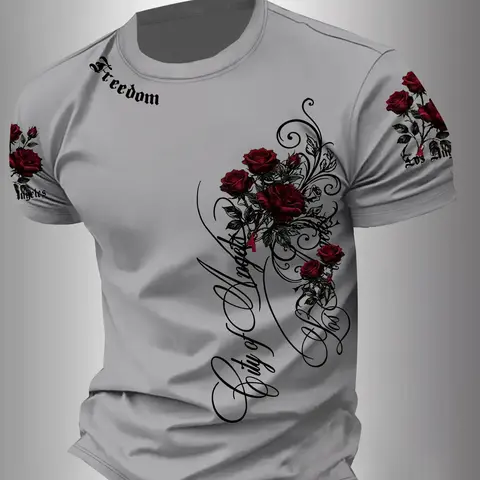Men's City of Angels Freedom Rose Print T-Shirt, Gothic Floral Casual Round Neck Short Sleeve, Retro Vintage Streetwear, Fashion