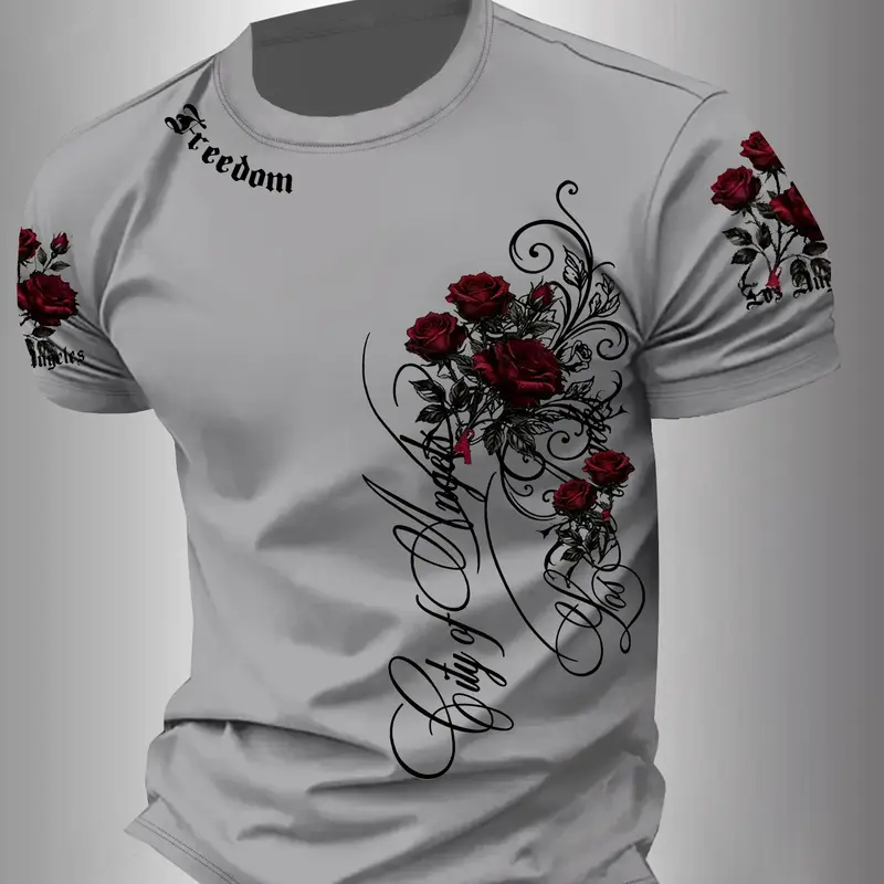 Men's City of Angels Freedom Rose Print T-Shirt, Gothic Floral Casual Round Neck Short Sleeve, Retro Vintage Streetwear, Fashion