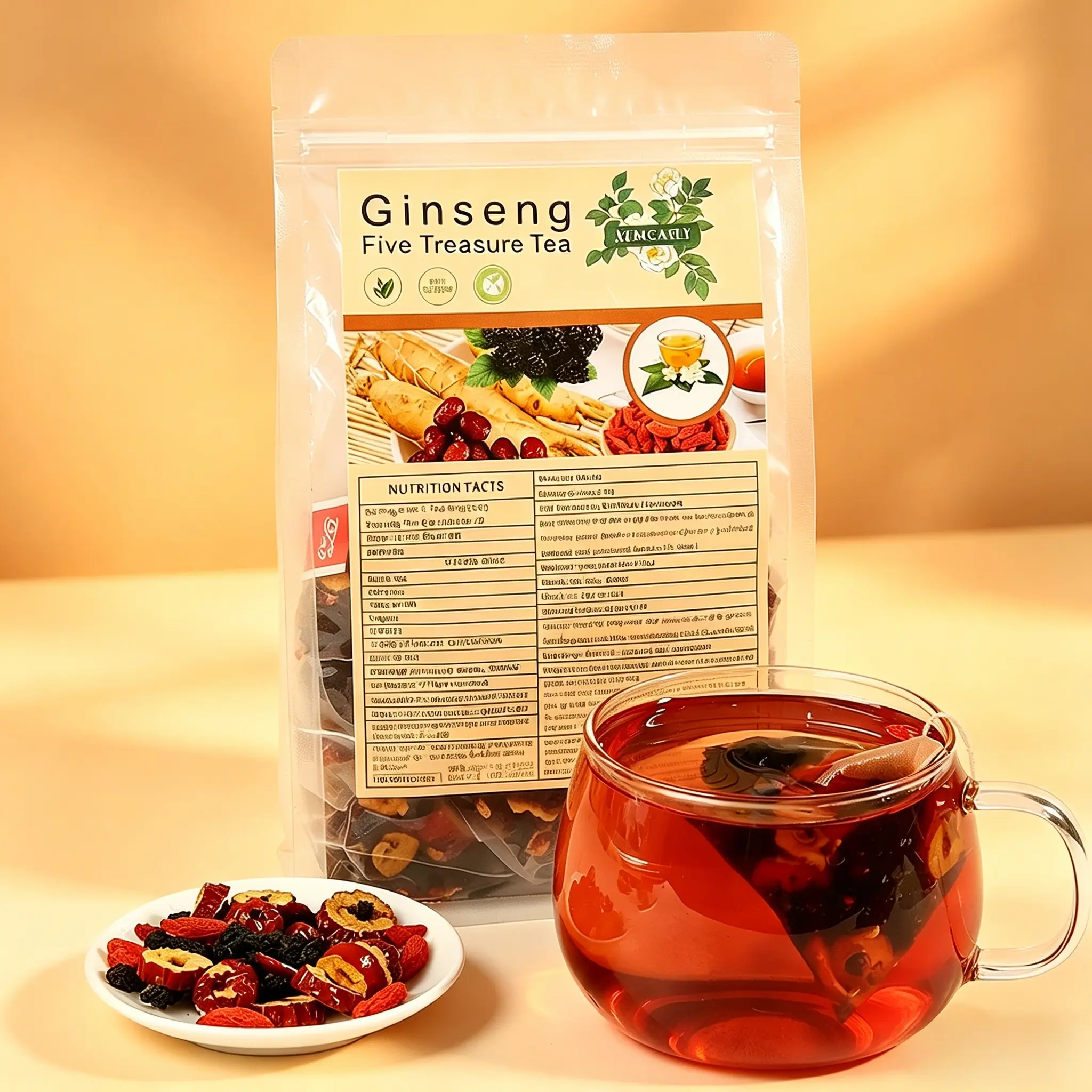 Daily Vitality Ginseng 5 Treasures Herbal Tea, 250g, 25 Individual Tea Bags, Natural Ingredients Including Maca Root, Mulberry, Wolfberry, Polygonatum, Jujube, Boosts Stamina, Supports Immunity, Relieves Daily Fatigue, Health Drink loaded tea