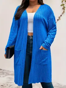 Plus Size Ribbed Knit Cardigan, Casual Style with Pockets, Long Sleeves, Loose Fit, for Curvy Women