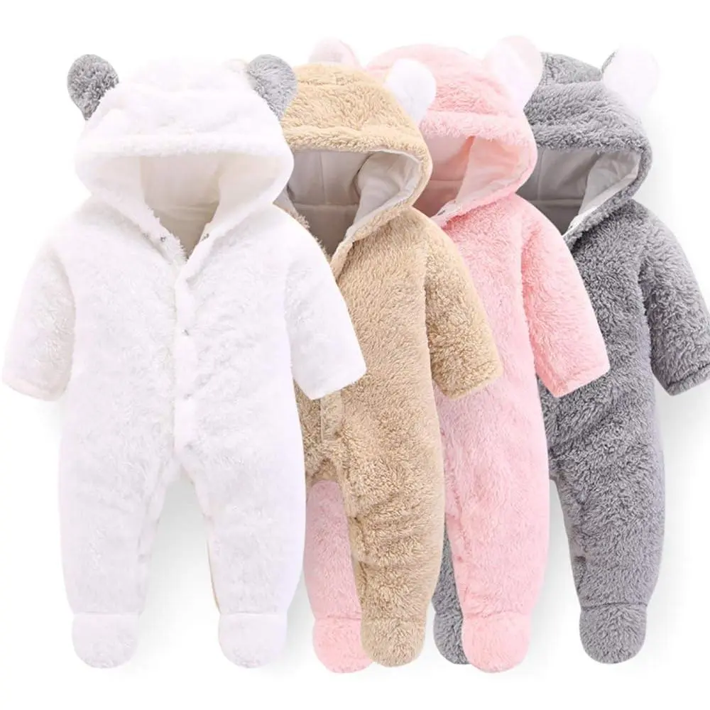 Kids' Plain Fleece Snowsuit - Bear Hood, Warm Winter Full-Coverage Jumpsuit for Newborns