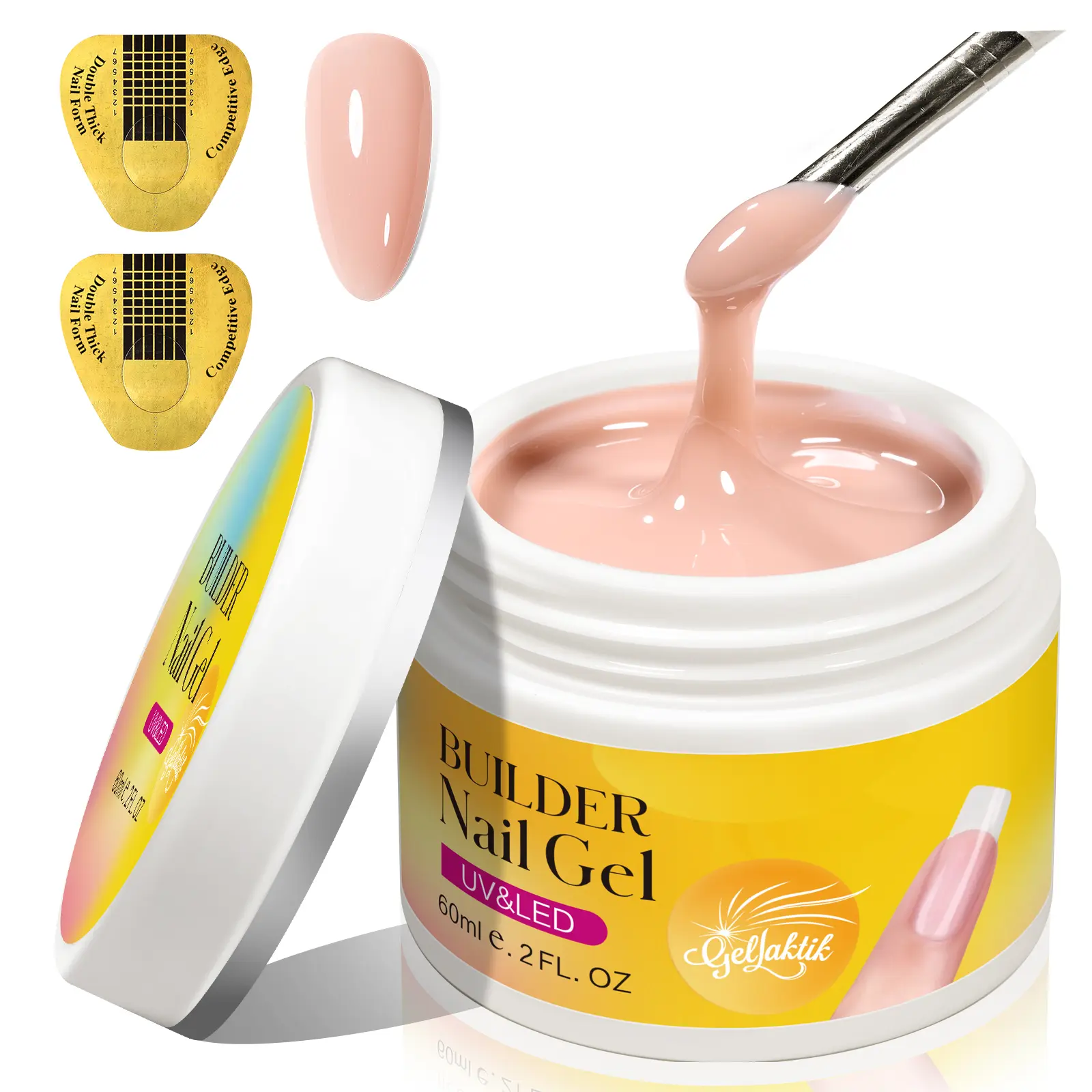 Builder Gel for Nails, 60g Nude Hard Gel for Nail Extension with 10 Nail Forms, Strengthener & Thickening, UV LED Lamp Cured Sculpture, Repair Broken Nails, Salon DIY Manicure Kit