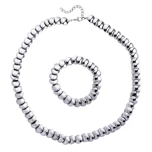 2 Piece Set Hematite 557.00 ctw Beaded Stretch Bracelet 7-7.5In and Necklace 21-23 Inches