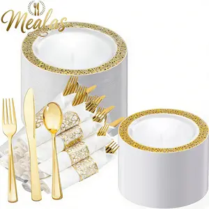 40-Piece Plastic Cutlery Set, Pre-Rolled Knife Fork Spoon Set, Elegant Plates with Embossed Patterns, Perfect for Parties