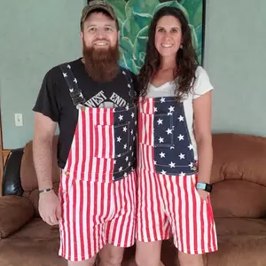 ODEFOU Women's Sleeveless Stretchy Denim Overalls Shorts - Casual Adjustable Strap Zipper Coveralls, All Seasons Loose-Fitting Multiple Pockets 4th of July American Flag Themed Outfit